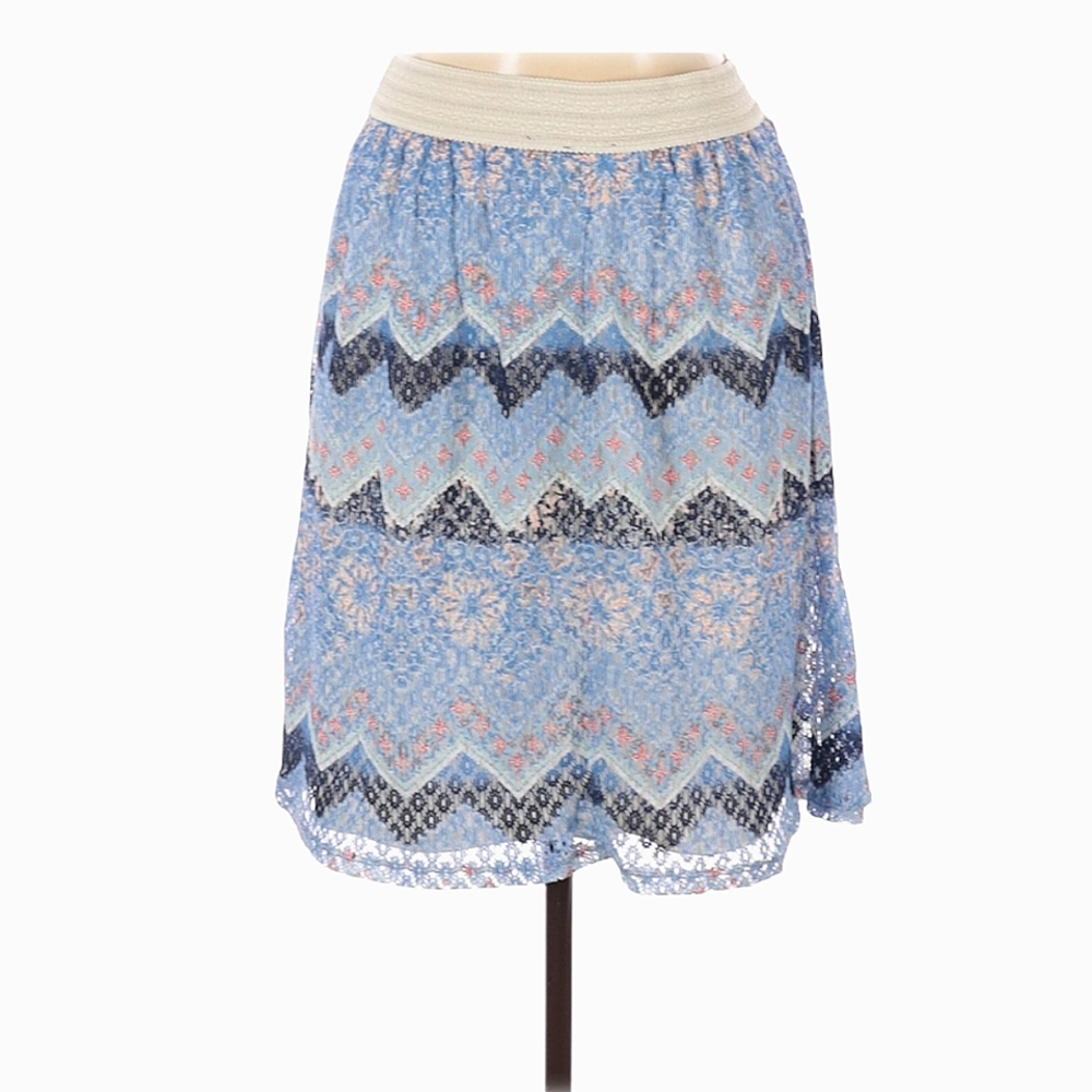 GNW A-line Skirt Size L Blue Ivory Chevron Herringbone Pattern Boho Knee Length